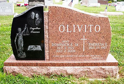 Olivito Two Tone Headstone with Justice Etching on Black Granite
