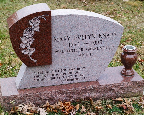 Knapp Red Granite Memorial with Corinthians Verse and Dark Red Vase