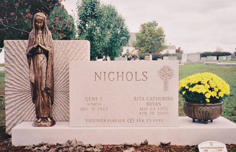 Nichols Pink Granite Headstone with Bronze Blessed Mother Statue and Vase
